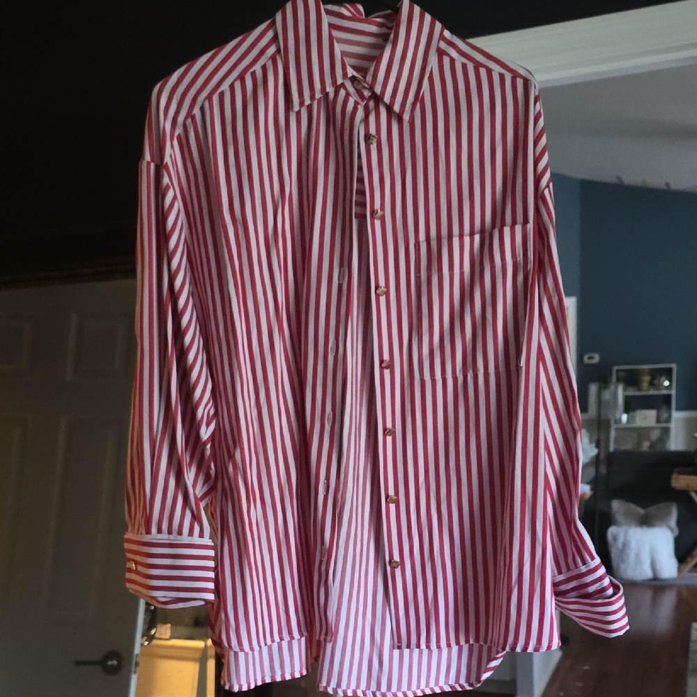 Zara Men's Red and White Striped Button-Down Shirt